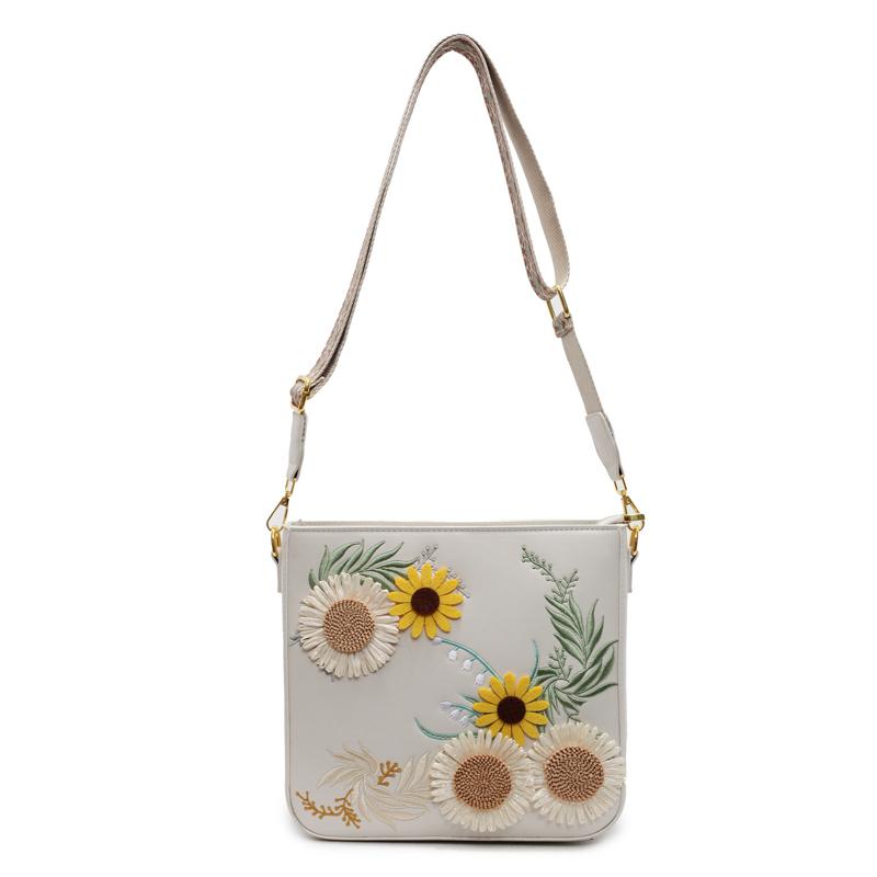 Neue 3D-Sonnenblumen-Stickerei Schultertaschen Mode Blumenstil Jugend Umhängetaschen Verstellbarer Riemen Lässige quadratische Tasche für Damen