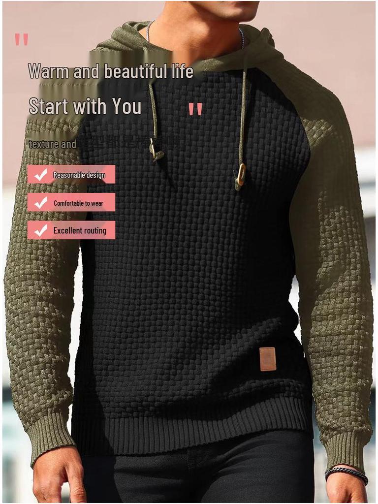 2025 Men's Color Block Plaid Slim Fit Hoodie - Casual Long Sleeve Knit Pullover