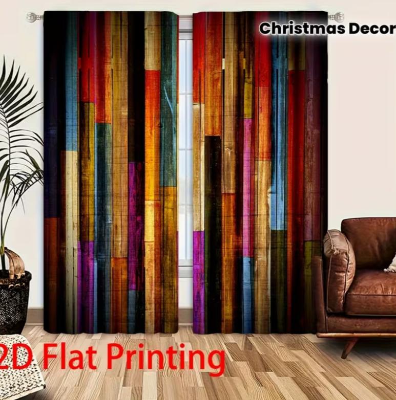 2 Stuks Kerst Decoratieve Gordijnen Kleurrijk Houten Bord Patroon Vlak Gedrukt Raamgordijnen 60X150cm