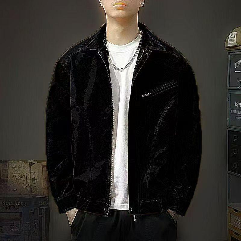 

Мужская джинсовая куртка из искусственной замши - С отложным воротником, на молнии, повседневная куртка байкера с карманом на молнии M чёрный