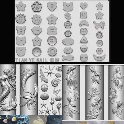 3D Soft Silicone Nail Ocean Mermaid Templates Nail Art Mold Goldfish Koi Buttonscarves Cartoon Template For Nail Diy Accessories