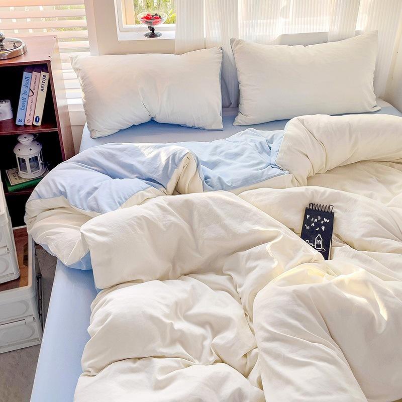 Solid Color Spliced Washed Cotton Bedding Set Moisture Absorbing Breathable Bed Sheet Envelope Pillowcase Dust Proof Mattress Protective Cover