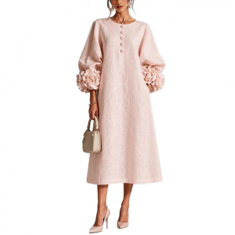 2026 French 3D Floral Lantern Sleeve Button Cotton Linen Midi Dress Women