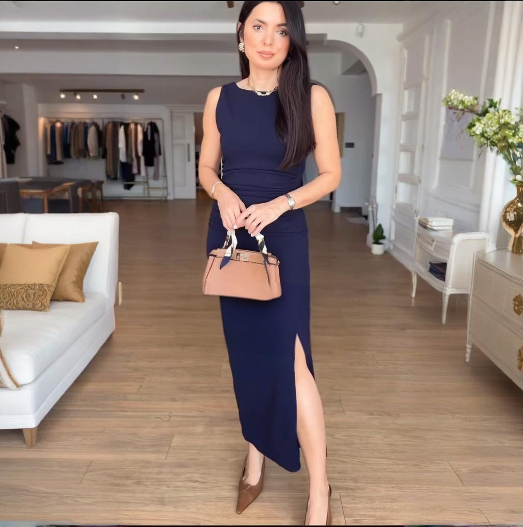 

2025 Лето Европейское и американское платье без рукавов, плиссированное, облегающее, однотонное, сексуальное XXL синий