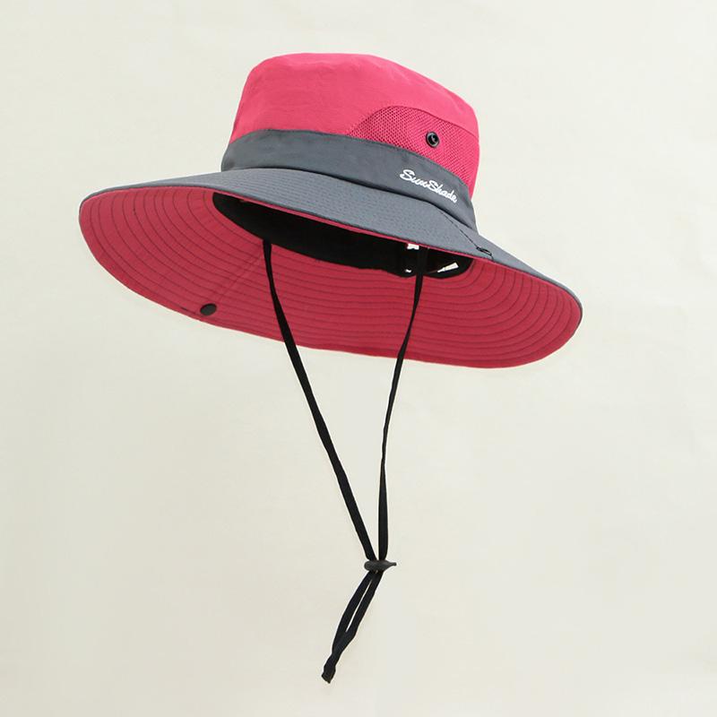 New Color Blocked Summer Mesh Fisherman Hat Women Quick Drying Fordable Sun Protection Hat Outdoor Riding Travel Ponytail Cap