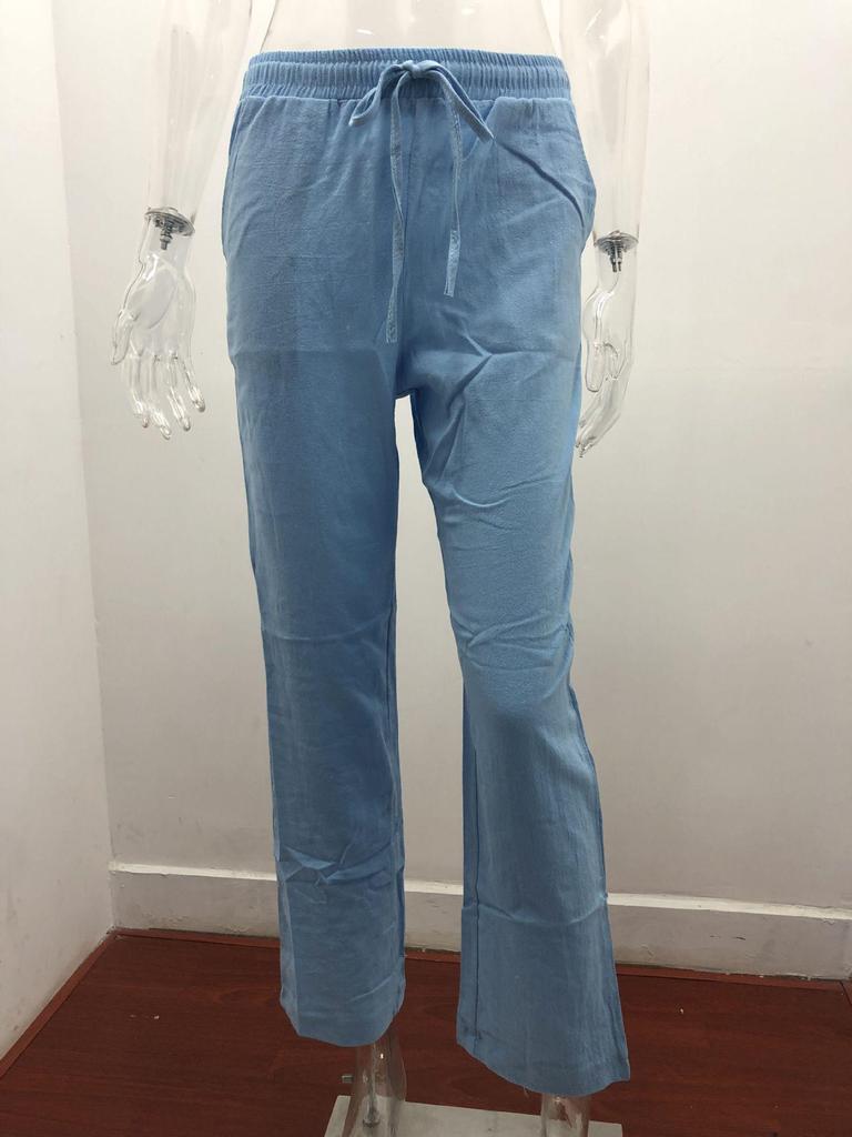 2026 Spring/Summer Women's Solid Color Cotton Linen Drawstring Wide-Leg Casual Pants
