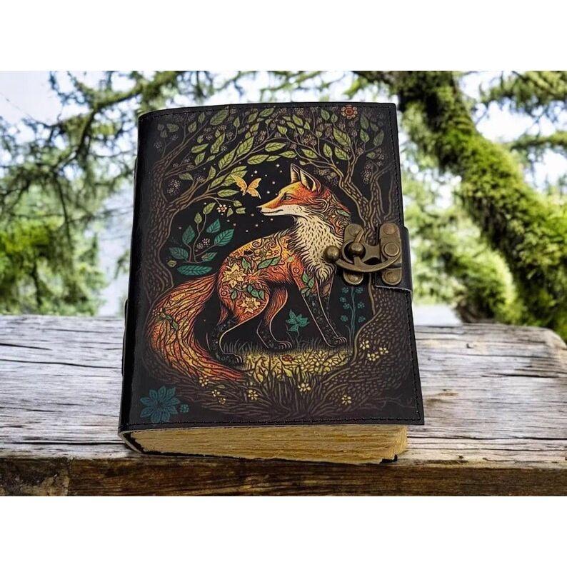 Large Leather Grimoire Journal | Fox Print Spell Book | Blank Book of Shadows | Handmade Leather Journal | Witchcraft Gifts for Him
