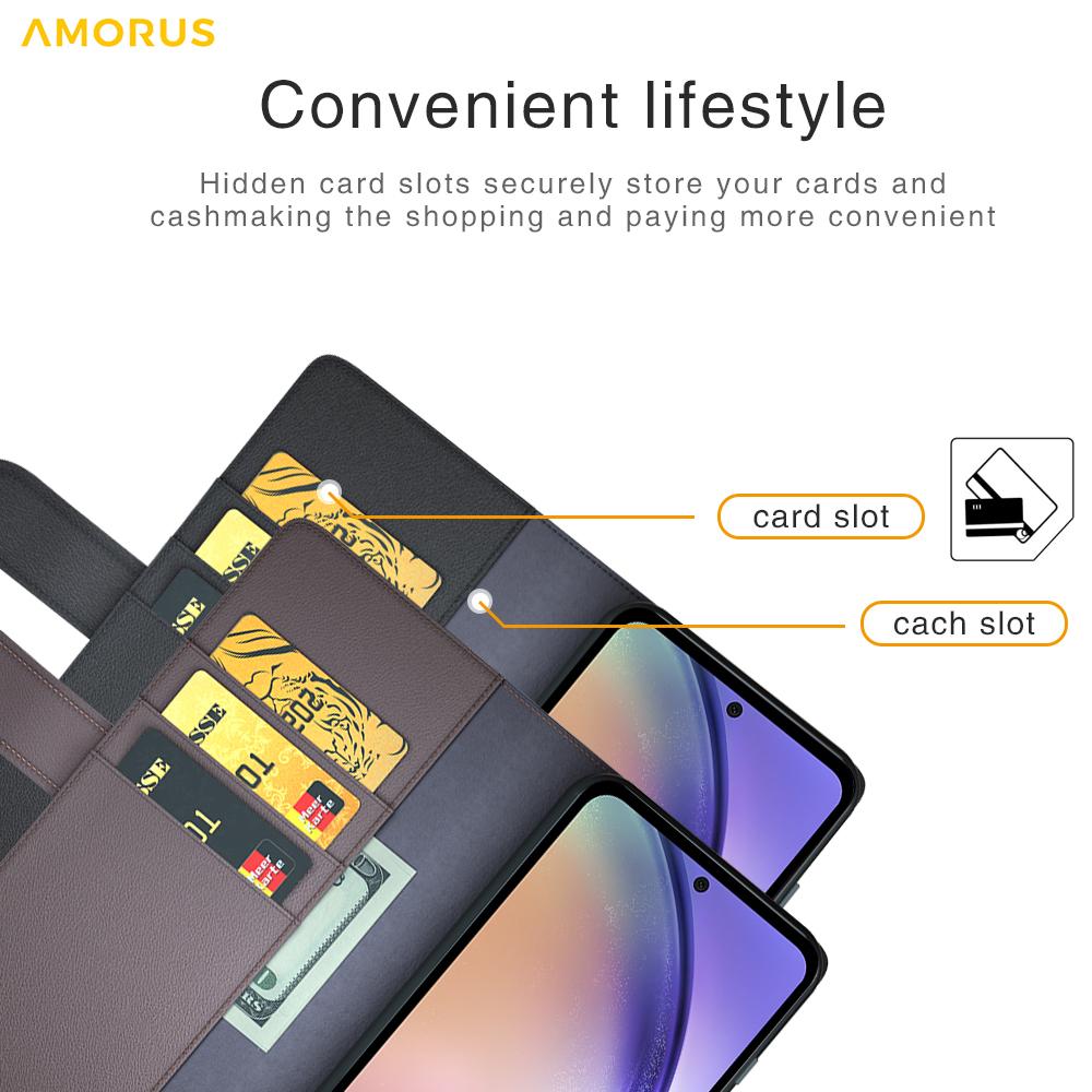 AMORUS For Samsung Galaxy A55 5G Stand Cases Calf Texture Genuine Split Leather Wallet Phone Cover