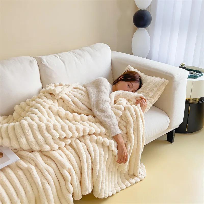 New Imitation Rabbit Plush Warm Blanket Set Or Only Blankets For Autumn Winter Soft Fluffy Warmth Lounger Sofa Throw Blankets