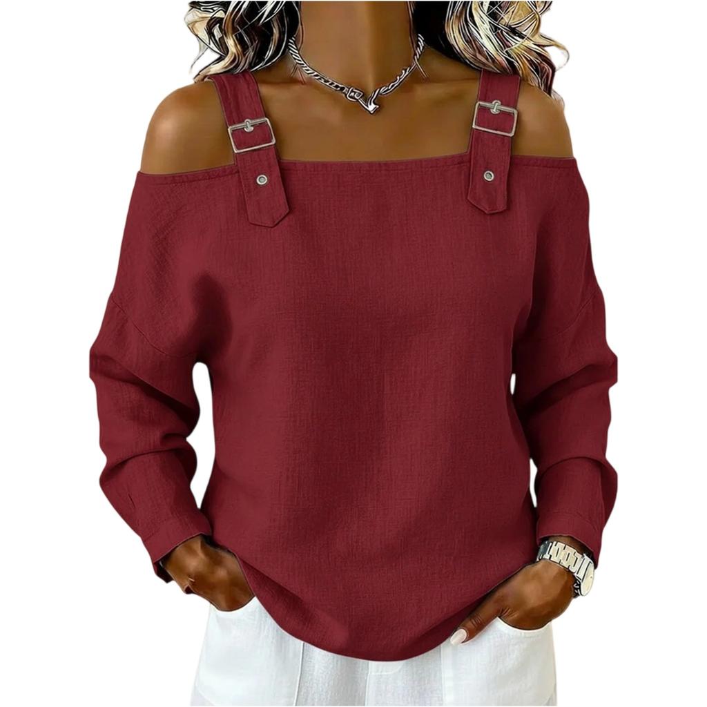 Women’s Off Shoulder Long Sleeve Strap Casual Loose Fit Blouse Top for Daily Wear Work or Travel Outfits