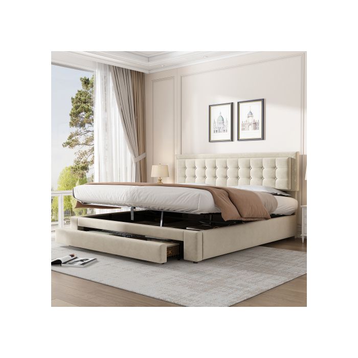 Lit avec coffre et tiroirs - MUVOE - 180 x 200 cm - Tissu velours - Beige - Design contemporain