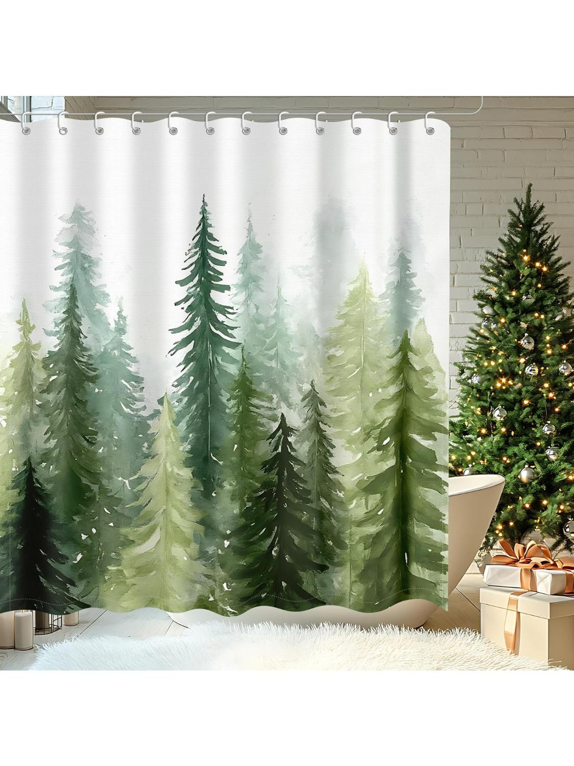 

Forest Green Shower Curtain For Bathroom, Watercolor Pine Tree Winter Decor Nature Woodland Artistic Shower Curtain Waterproof W60H190(CM)-1 Pcs