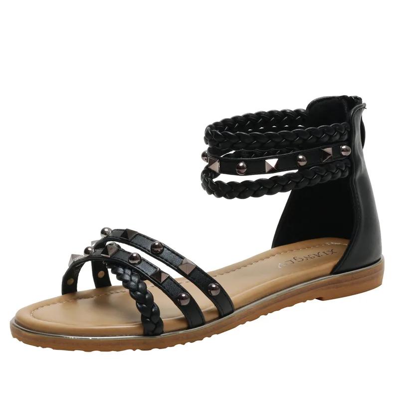 Fashion New Bohemian Style Woven Roman Sandals Women's Summer Casual Flat Bottomed Minimalist Beach Vacation Rivet Thin Band Sandals 42