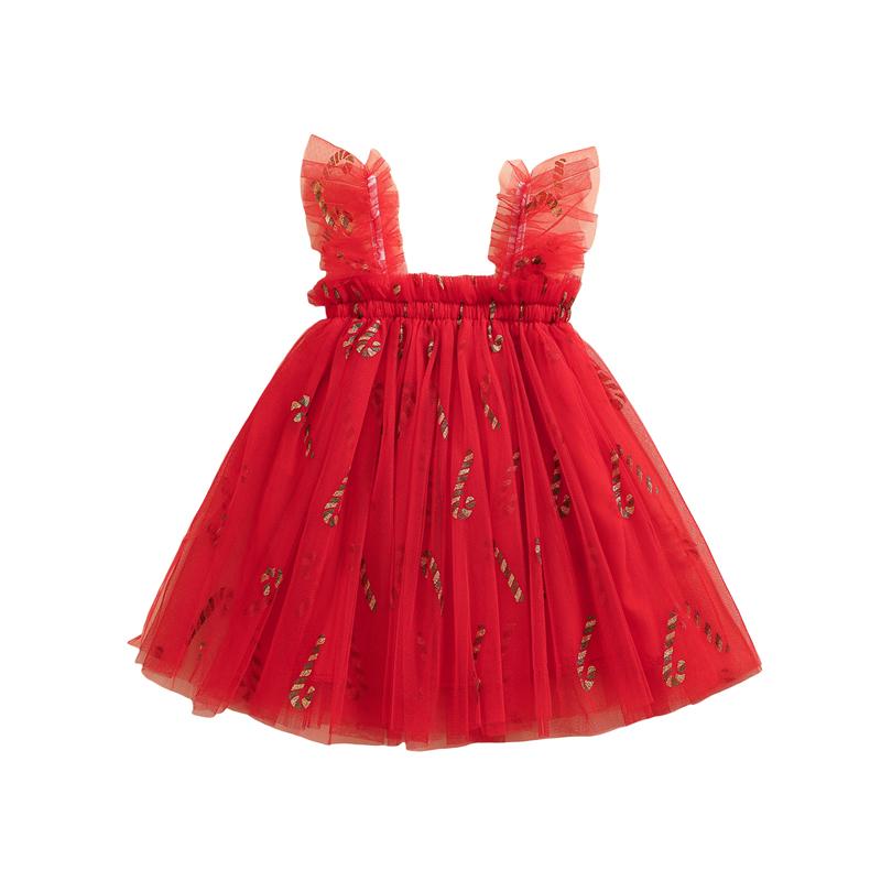 

Kid Christmas Clothing Baby Girl Tulle Dresses Sleeveless Square Neck Candy Cane/Plaid Print Tutu Dress Toddler Dress 2-3Y красный