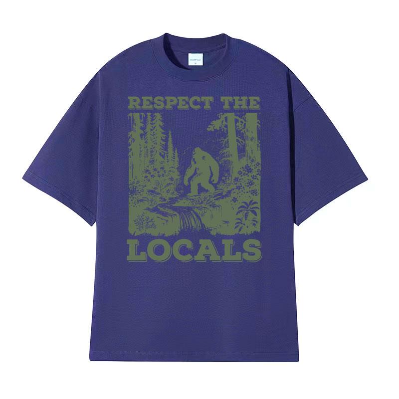 Respect The Locals Big Foot Sasquatch Yeti Walking in The Forest Vintage T Shirt Men Women Casual Funny Y2k Meme Graphic Tshirt