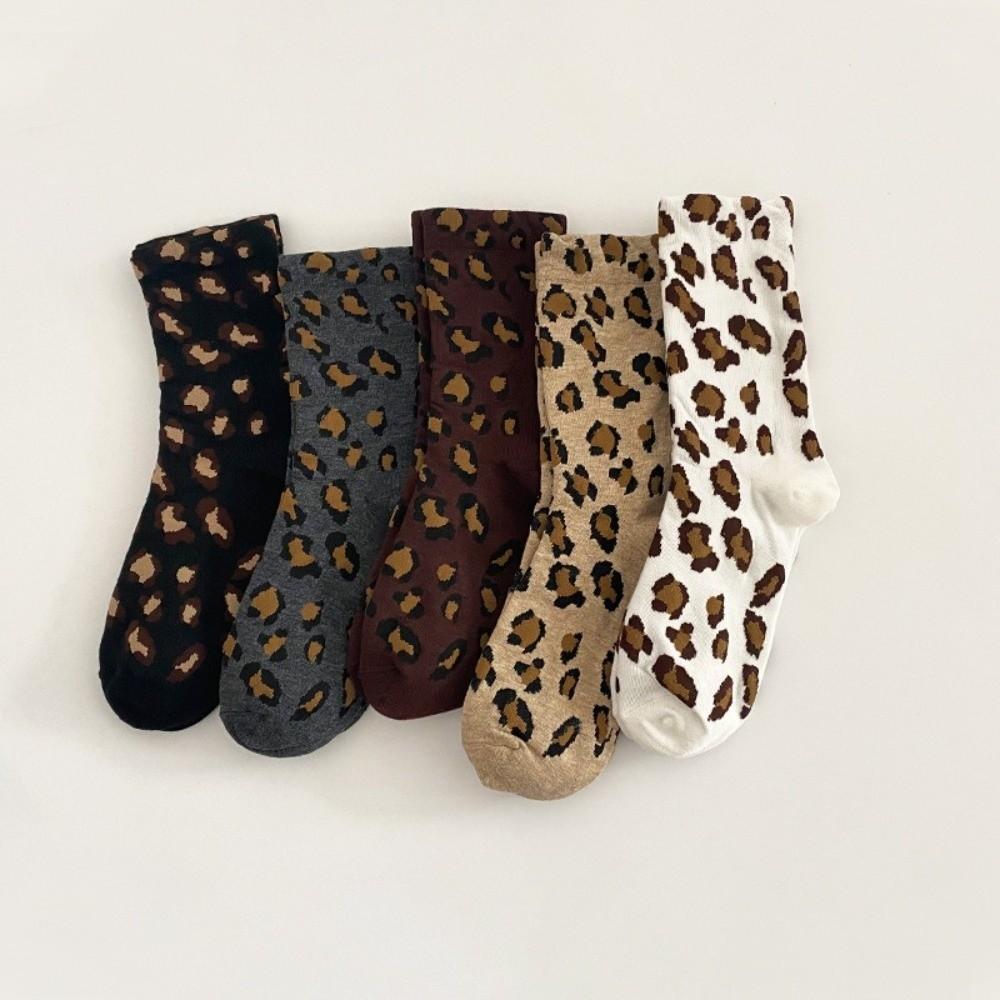 

5 Pairs Sweat Absorption Leopard Pattern Socks Breathable Long Socks Trend Mid Tube Socks Women 5 Pairs