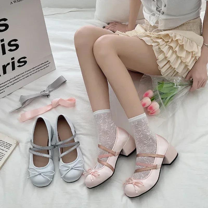 Mode Kvinnor Söta Balett Enkla Skor Lolita Rund Tå Mary Jane Skor Mode Damer Höga Klackar Korsrem Eleganta Pumps Klänningsskor