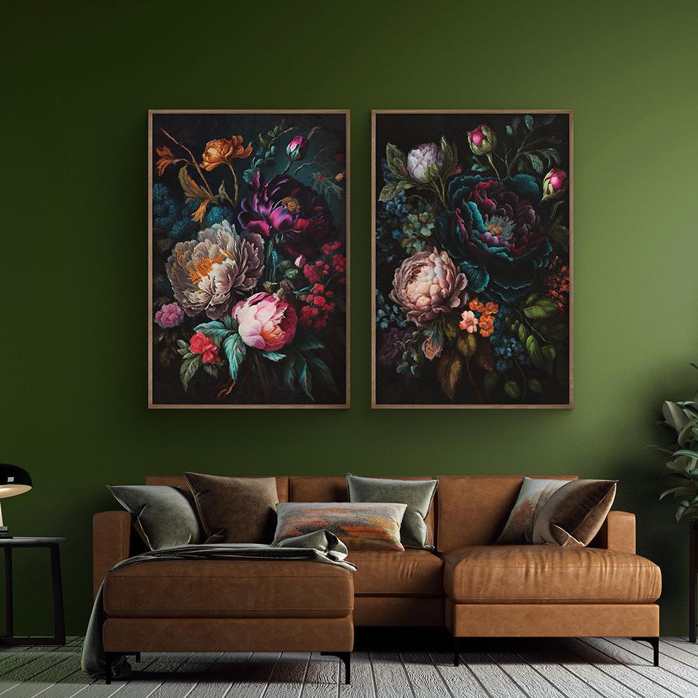 Light Dark Floral Vintage Oil Painting on Canvas Poster Still Life Botanical Floral Fauna Print Gallery Wall Art Picture Decor
