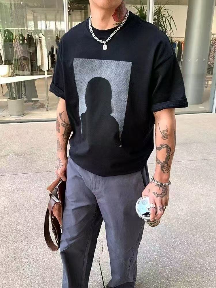 100% Čistá Bavlna Americká Nová Heavyweight Streetwear Značka High Street Letní Potisk Kulatý Výstřih Krátký Rukáv Volný Top