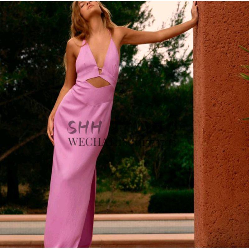 Spring New Sexy Backless V-neck Spaghetti Strap Hollow Design Silk Satin Texture Dress 1131377