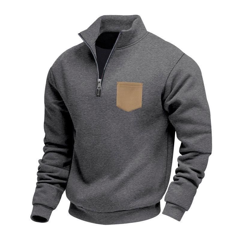 New Autumn/Winter Heavyweight Fleece-Lined Oversized Solid-Colour Patch Pocket Half-Zip Stand-Up Collar Men's Sweatshirt