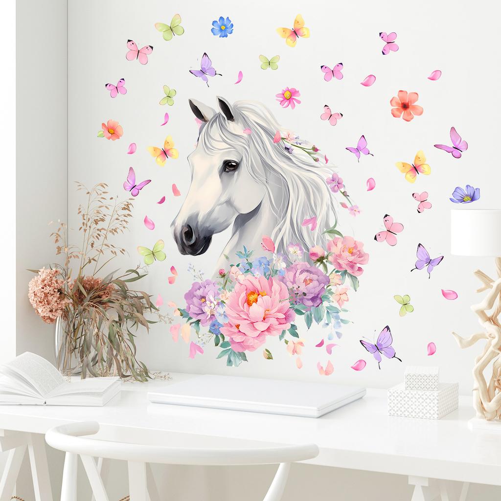 Self Adhesive Wall Stickers Horses Flowers Butterflies for Kids Room Living Room Background Wall Decoration