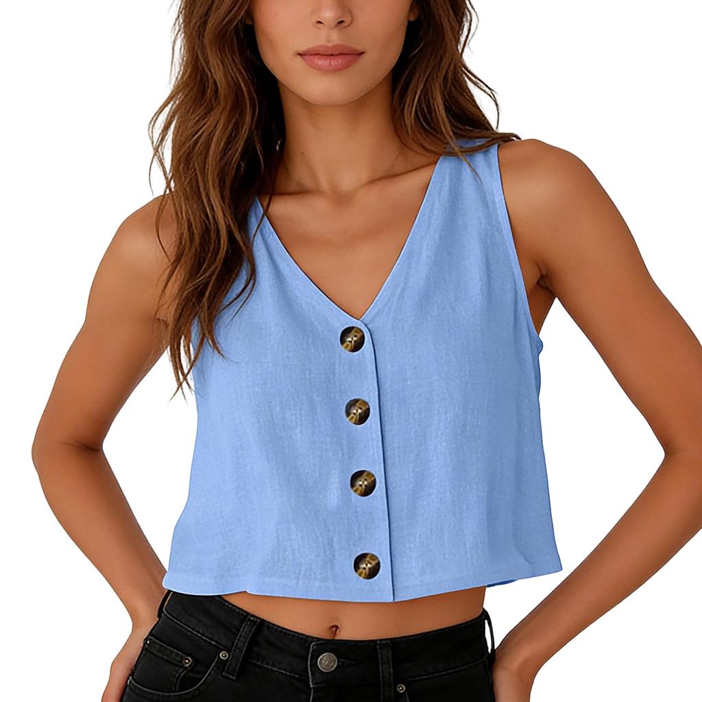 Women's Fashionable Oversized V-Neck Button-Up Tank Top Shirt Casual Blouse