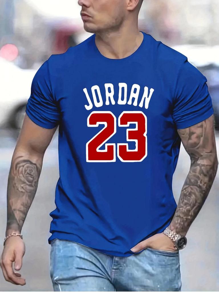 Letni Męski Casualowy Luźny Modny T-shirt z Nadrukiem 23 Liter, Wygodny z Okrągłym Dekoltem i Krótkim Rękawem