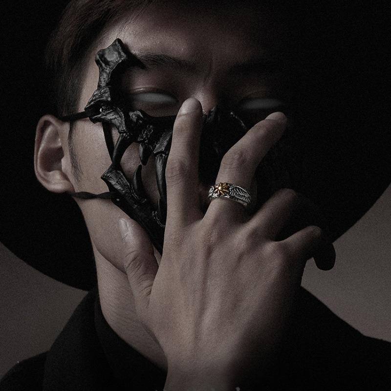 925 Thai Silver Sunflower Wing Ring Men's Retro Personality Open Ring Niche Design Graffiti Single Ring