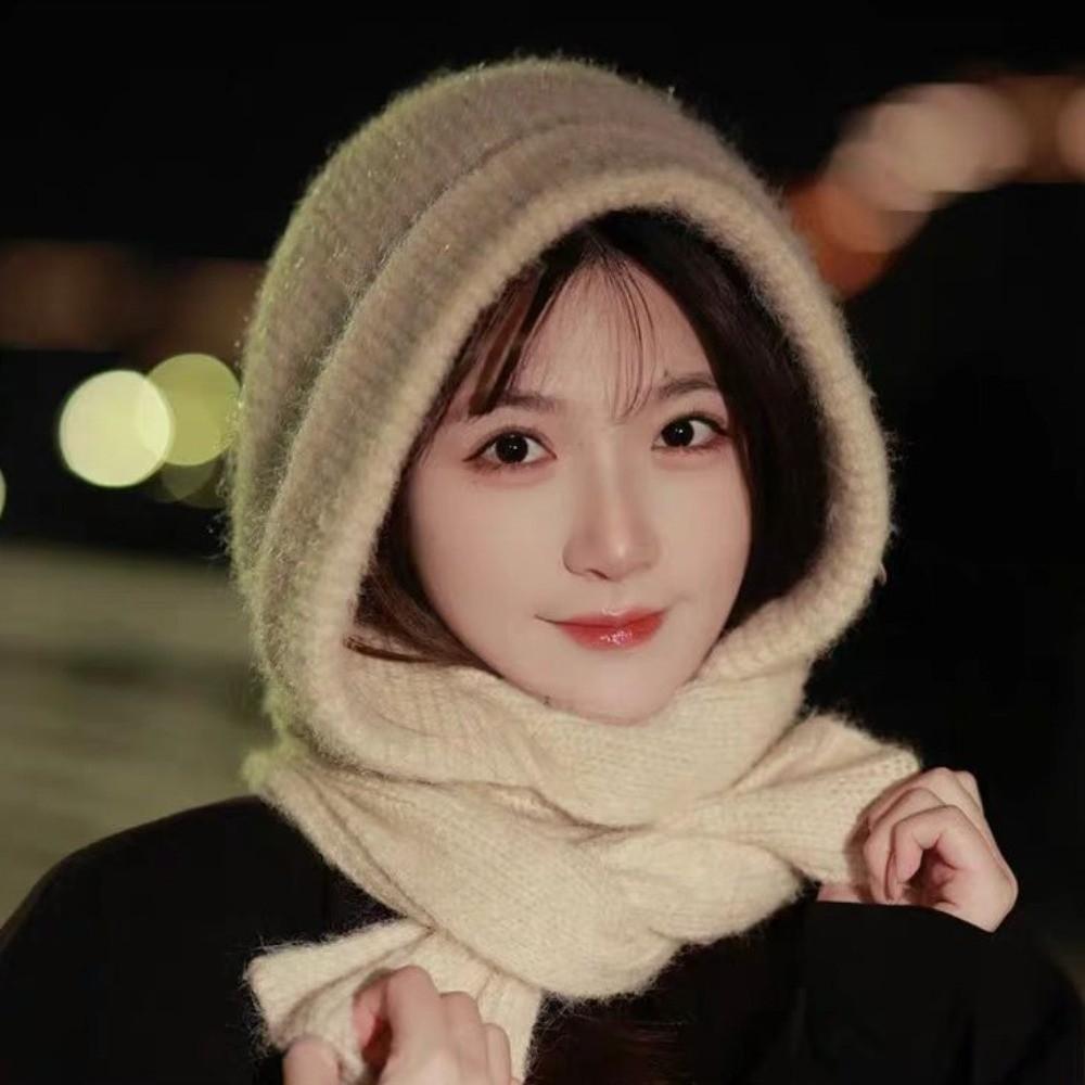 Solid Color Hooded Hat Warm One-Piece Scarf Cap Fashion Knitted Winter Balaclava  Outdoor