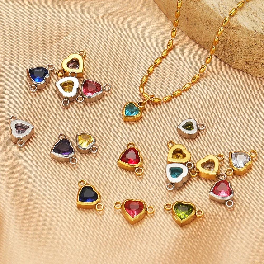 10 stuks Roestvrij Staal 12 Maanden Geboortesteen Hart Zirconia Bedeltjes Connector DIY Sieraden Onderdelen Ketting Armbanden Oorbellen Maken