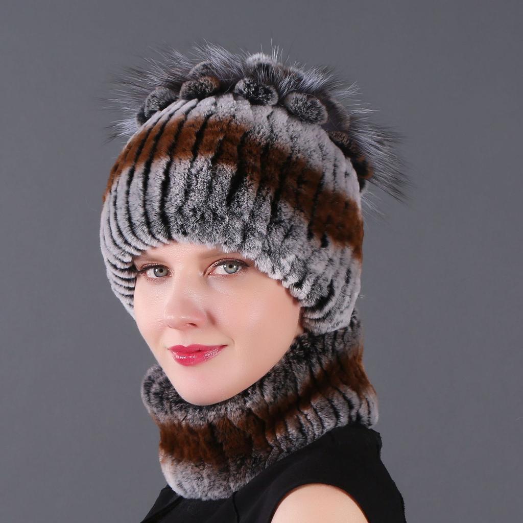 Women's New Rex Rabbit Short Dye Plus Black Fox Hair Hat Scarf Two-piece Set, Winter Warm Woven Fur Hat