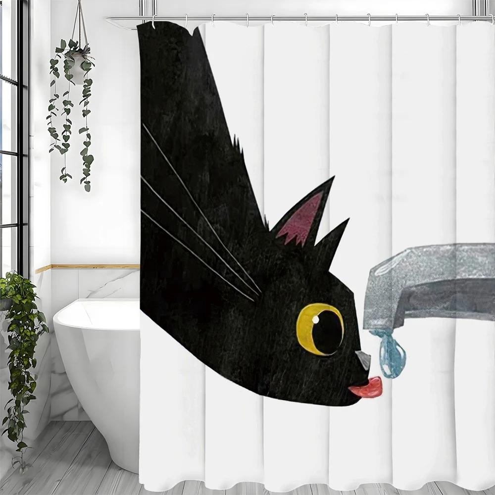 Cartoon Black Cat Drinking Shower Curtain, Bathroom Decorative Shower Curtain, Waterproof Shower Curtain With Hooks