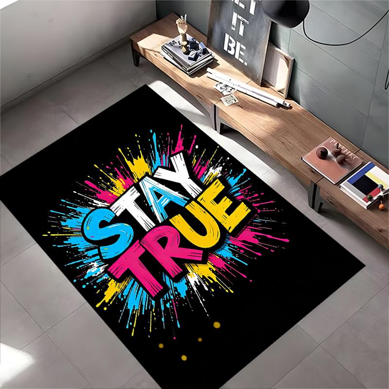 Colorful "Stay True" Graffiti Art Carpet, Black Background, Modern Style Suitable for Use As an Anti-slip for Living Room Bedroom Sofas