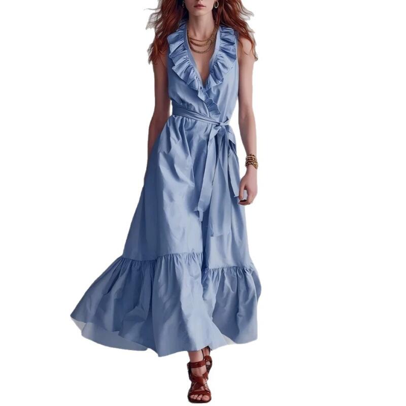 Women's Casual Sleeveless Ruffle V-Neck Maxi Dress Tie Waist A-Line Long Dress for Summer Beach Vacation Dress
