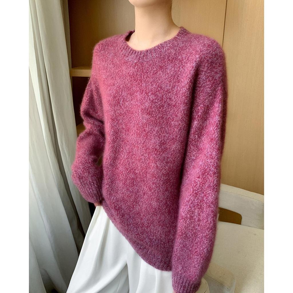 Women's Heather Yarn 100% Wool Round Neck Knit Pullover - Seven-Stitch, Long Sleeve, Lazy Style Base Layer