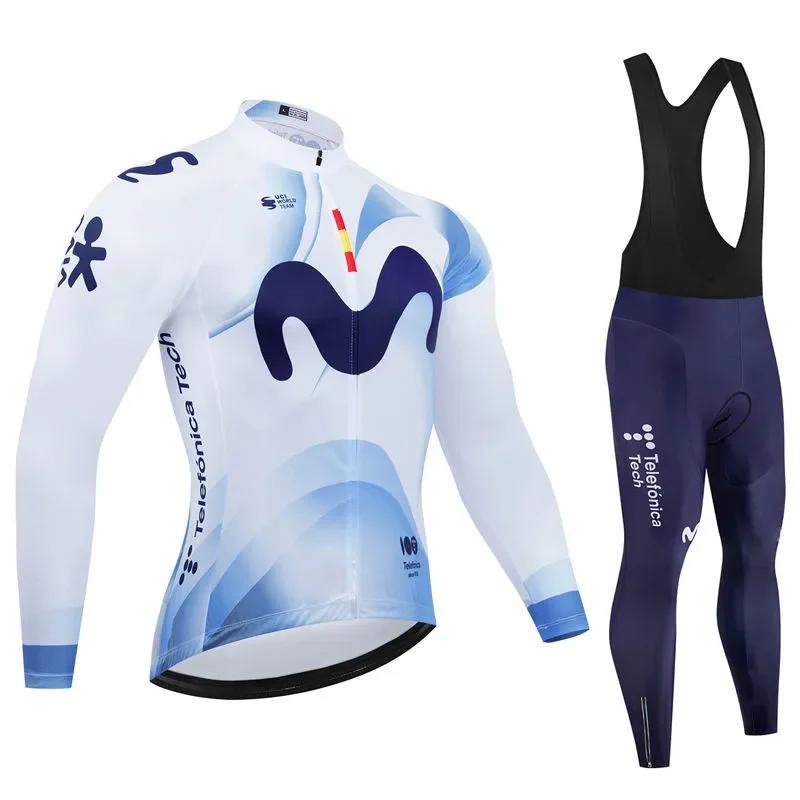 Movistar Herbst Pro Team Radtrikot 19D Trägerhosen-Set MTB Uniform Fahrradbekleidung Schnelltrocknend Fahrradkleidung Herren Langarm Radbekleidung