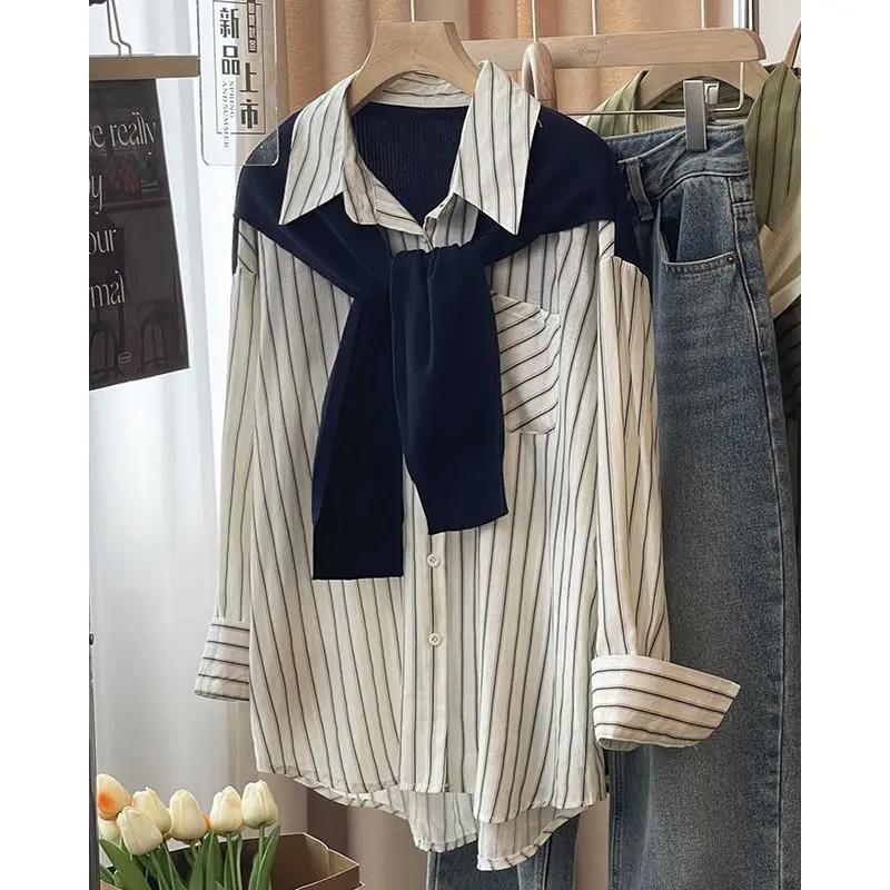 Весна Осень Женская рубашка-двойка Коричневая вязаная шаль Сзади Вертикальная полоска Рубашка Блузка Французский стиль Женская рубашка XXXL синий