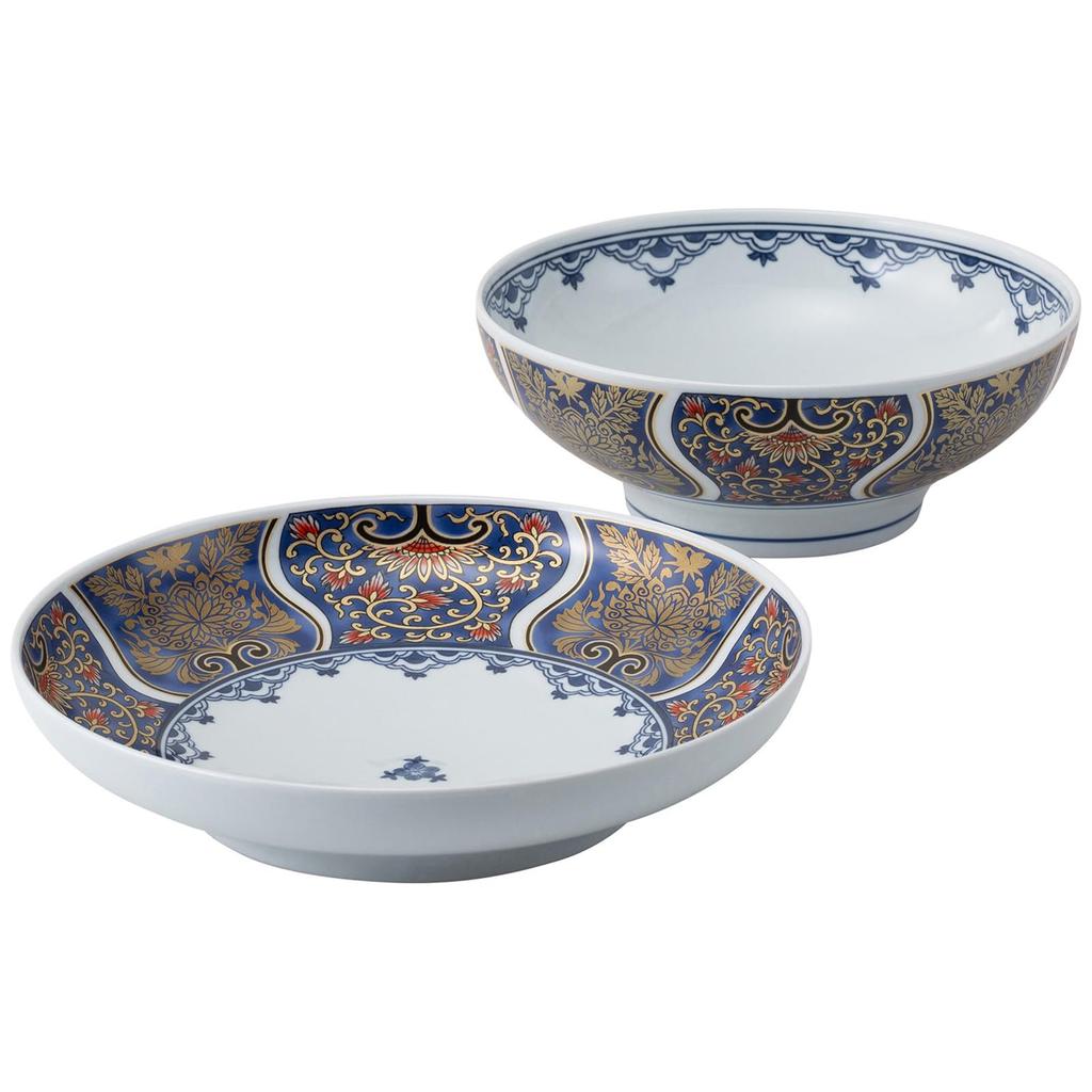 Nishikai Toki Hasami Ware "Konjo Ko-Imari" Plate and Bowl Set of 2, Large Plate, Bowl, Rice Bowl, Noodle Bowl, Approx. 1400ml Capacity, Made In Japan