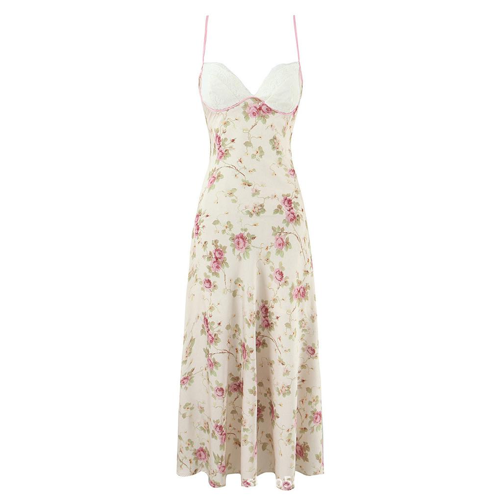 House European and American style French romantic sweet floral lace splicing sexy V-neck suspender dress