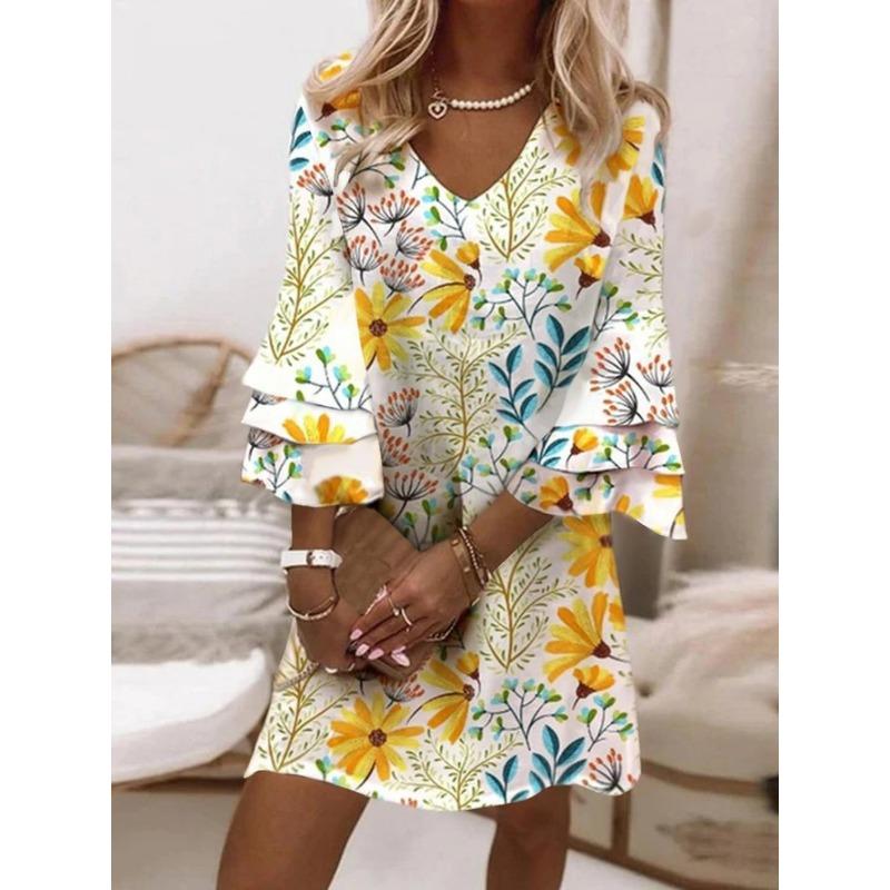 S-5XL Abito a strati con stampa Paisley, abito da vacanza con scollo a V e maniche svasate, abbigliamento da donna