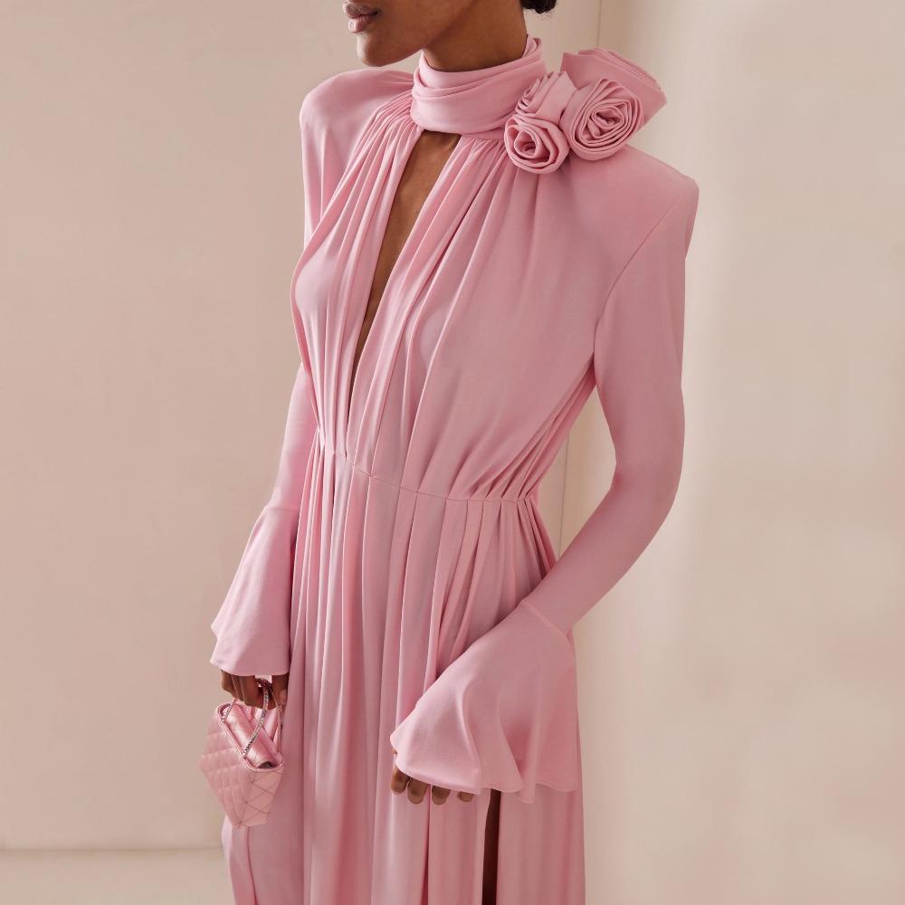 Women's Turtleneck Long Sleeve Maxi Dress Loose Fit Mid Rise Elegant Solid Knit Floral Ruched Evening Gown