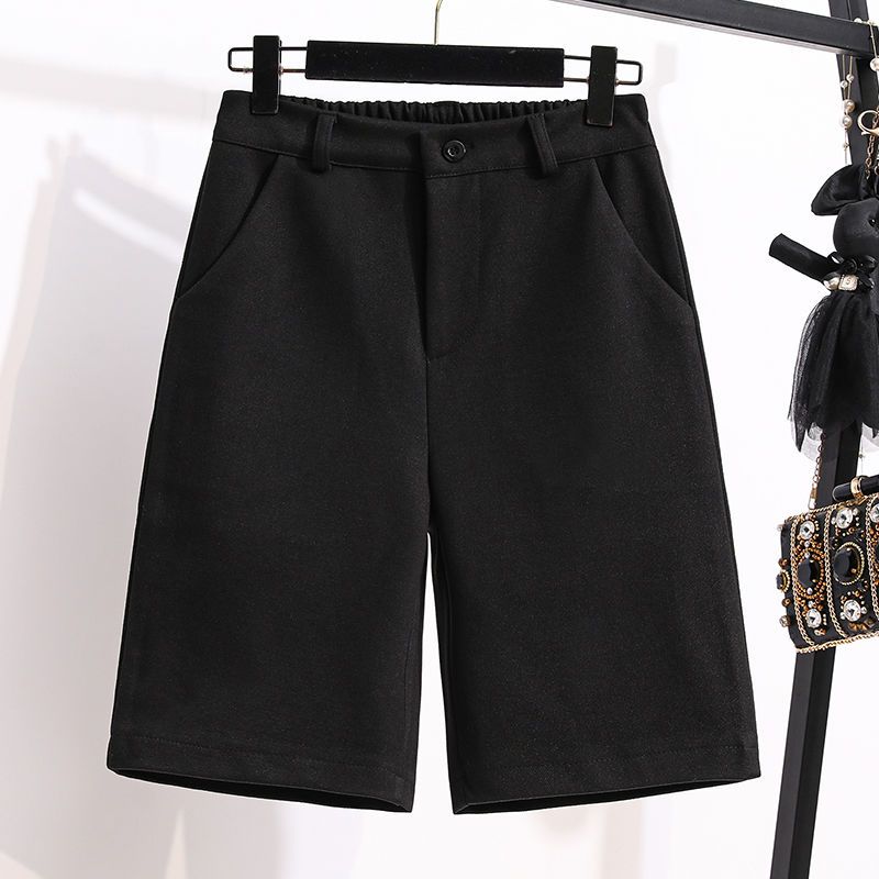 

Women s Autumn Winter Solid Color High Waist Button Pockets Woolen Loose Elasticized Straight Casual All-match Wide Leg Shorts XXXL чорний