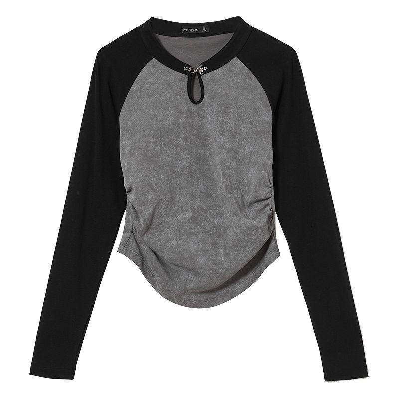 Black Grey Long Sleeve T-shirts For Women's Tees Patchwork Tees Girls Casual T-shirts Fashion Lady Tops