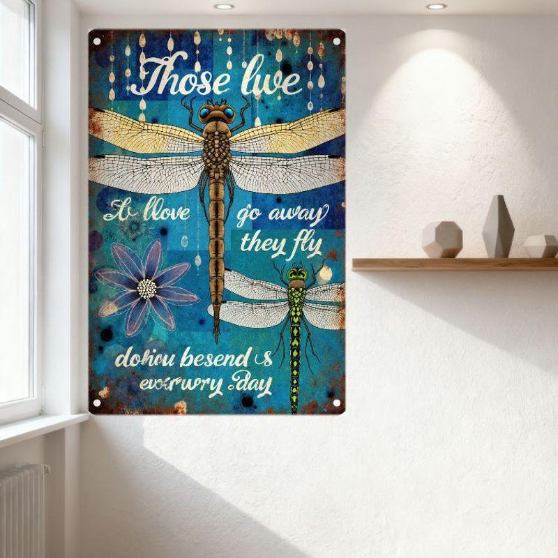 Vintage Blue Metal Tin Sign with Dragonflies & Flowers, Rustic Distressed Wall Decor for Home Garden Bar Decorations