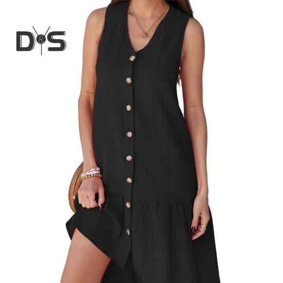 

Летнее платье с V-образным вырезом без рукавов однобортное однотонное мини-платье однотонное свободное женское платье S чёрный