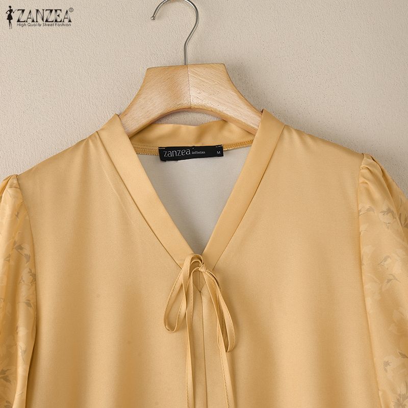 ZANZEA Women Casual V-Neck Loose Print Splice Half Sleeve Blouse