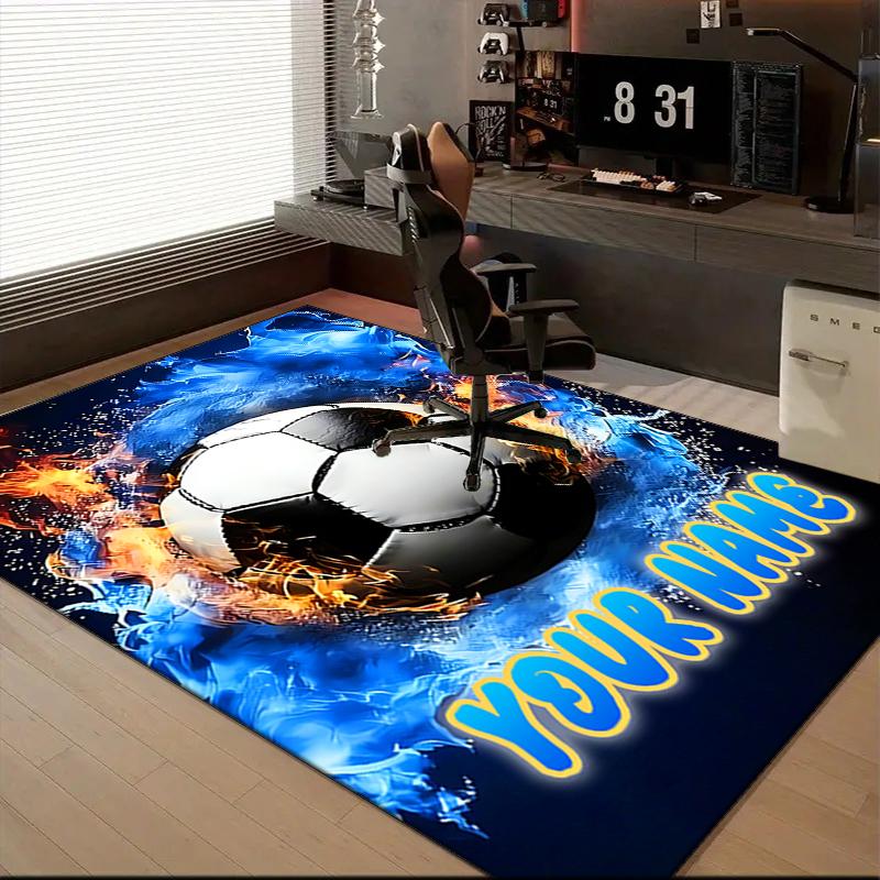 1PC Custom Name Soccer Fire Art Theme Floor Mat Ideal for Living Room, Game Rooms, Office, Bedroom,Floor Mat Playful Design