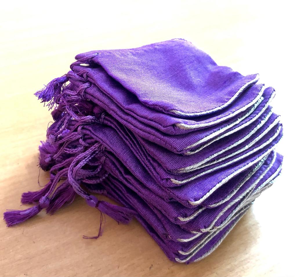 25 Pc 6X8 cm Raw Silk Jewelry Pouch Bag with Tassle drawstring Zari Border, Wedding Favor Party Favour, Gift Bag Jewellery PURPLE