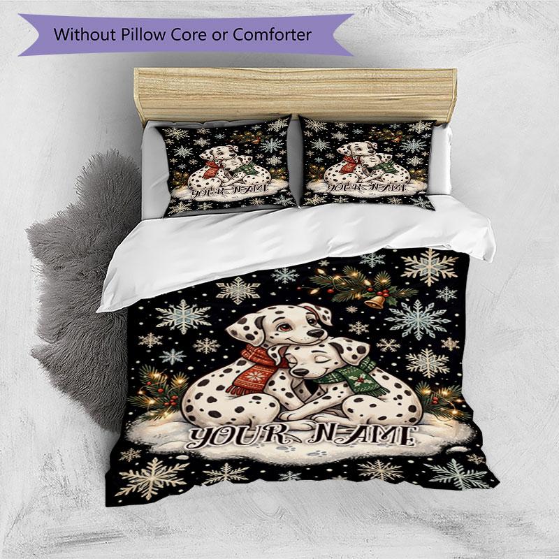 3PC Custom Name Winter Dalmatian Hug Bedding Set Duvet Cover Closure Includes 1 Duvet Cover & 2 Pillowcases for Bedroom